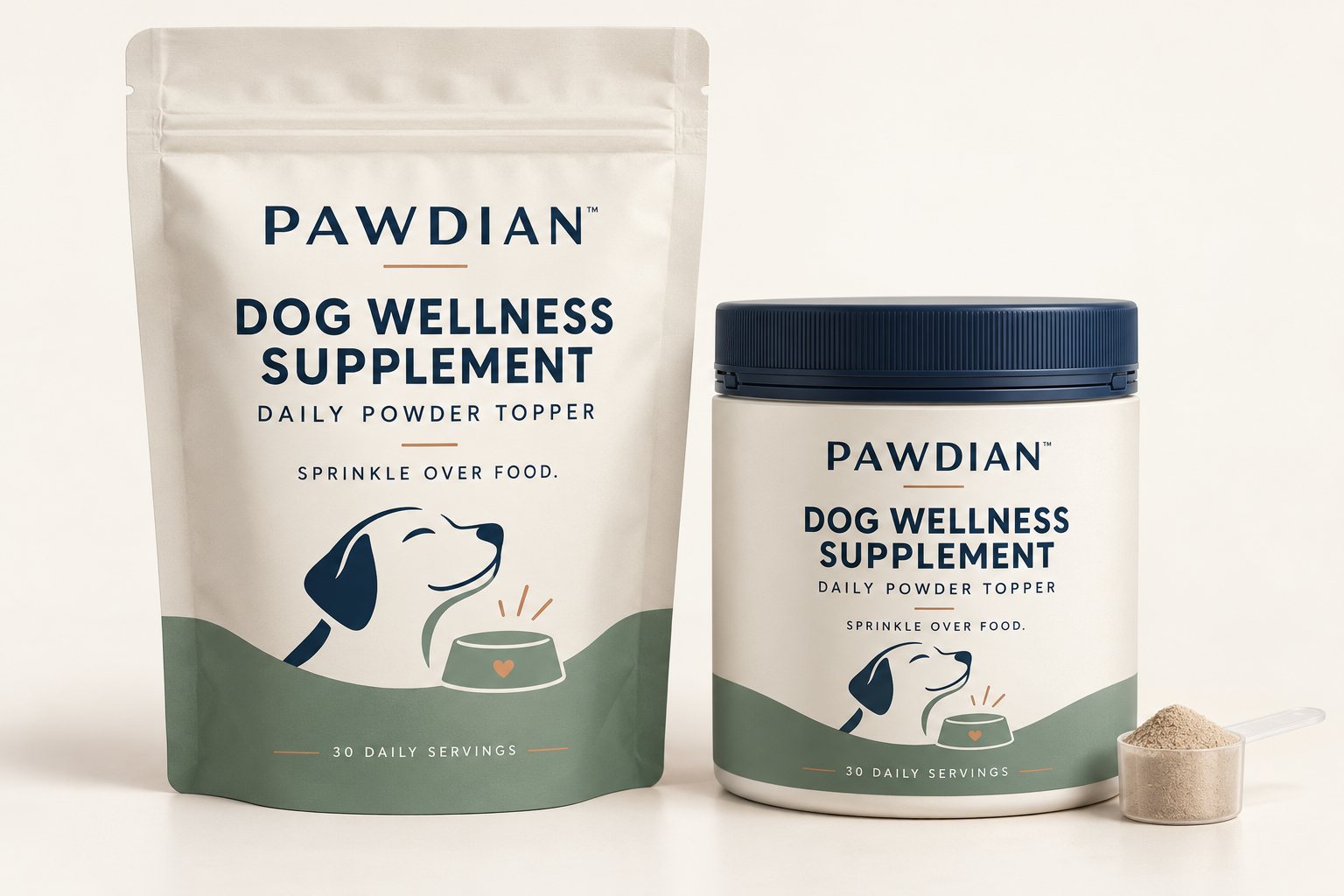 Pawdian Dog Wellness Supplement daily powder topper, in a resealable pouch and a jar with a scoop of powder
